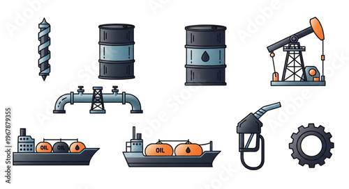 Oil and Gas Industry Icons - Drilling, Barrels, Pipeline, Tankers, Pumpjack, Nozzle, Gear.
