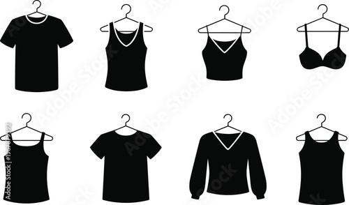 Black silhouette collection of various clothing items like t-shirts and tank tops on hangers isolated on a white background for fashion and retail design.