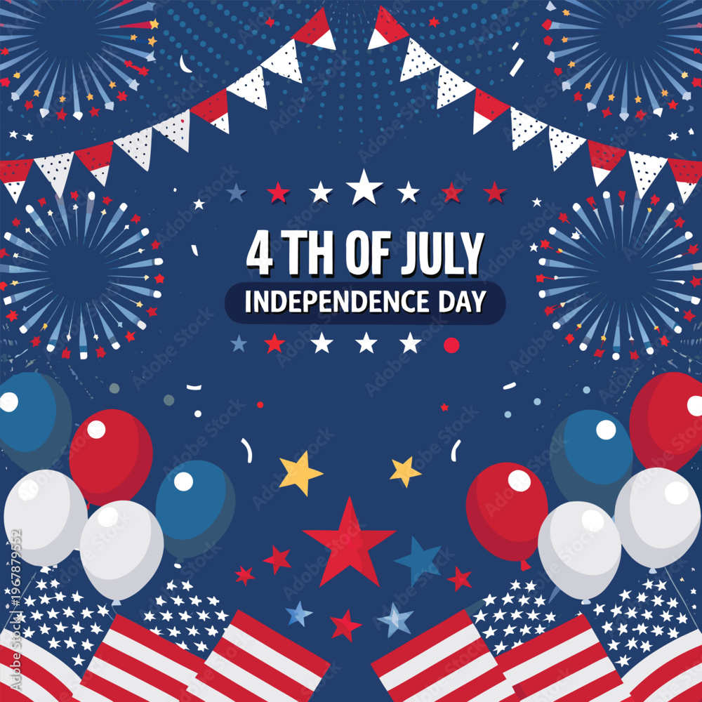 Obraz premium Festive fourth of july illustration with fireworks balloons and flags