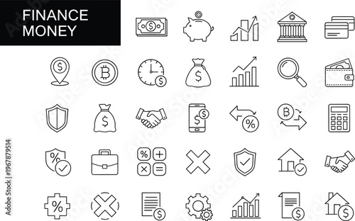 Financial and business icons in outline style, showing money, banking, investment, and calculation symbols.