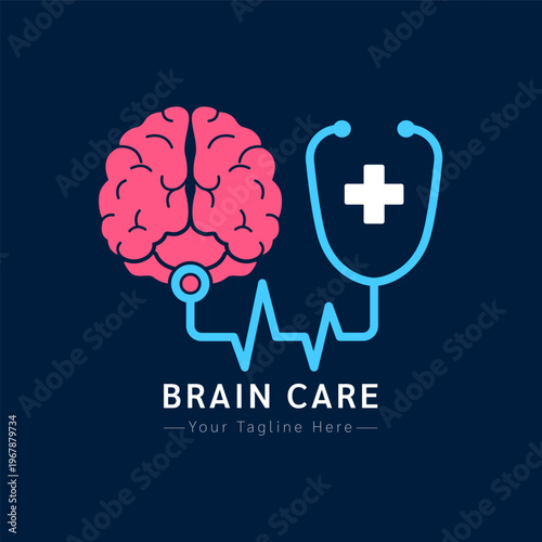 Medical health care logo design modern simple shape. White cross or plus sign in blue stethoscope and red human brain on a dark background. Vector illustration.