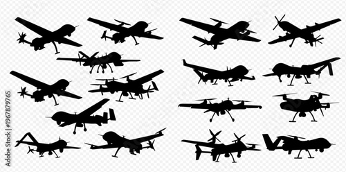 Collection of various drone silhouettes, including military UAVs, surveillance aircraft, and commercial quadcopters, illustrating modern aerial technology and remote-controlled flight.