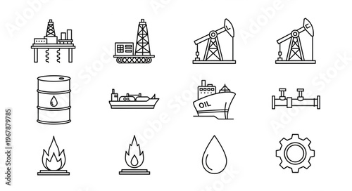 Oil and Gas Industry Icons - Offshore Platforms, Tankers, and Equipment.
