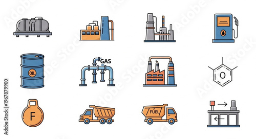 Oil and Gas Industry Icons - Transportation, Production, and Safety.