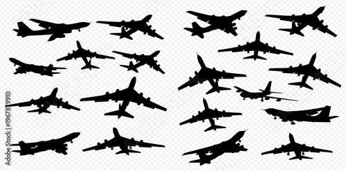 Collection of various airplane silhouettes, including military bombers and passenger jets, depicted in black on a transparent background.
