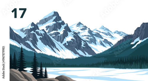 Snowy Mountains, Frozen Lake, and Pine Forest Landscape Illustration