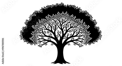 Stylized Black and White Tree Silhouette with Intricate Branches and Leaves