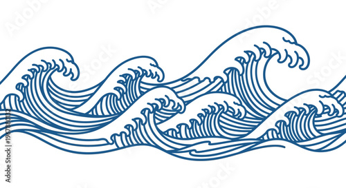 Stylized Blue Ocean Waves Pattern, Seamless Border, Marine Background