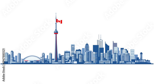 Toronto Skyline with CN Tower and Canadian Flag, Cityscape Illustration