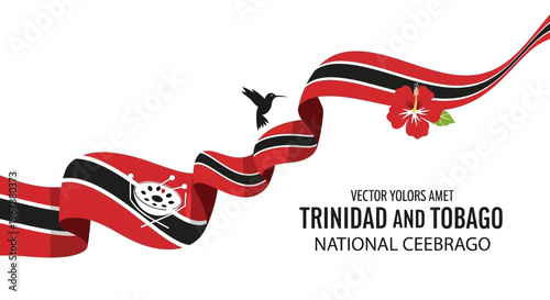 Trinidad and Tobago Flag Waving Ribbon with Hummingbird and Hibiscus Flower
