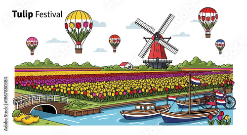 Tulip Festival Landscape with Windmill, Boats, and Hot Air Balloons