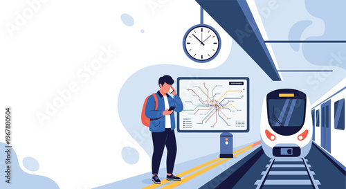 Commuter standing on a subway platform checking his phone while waiting for a modern train next to a route map station.