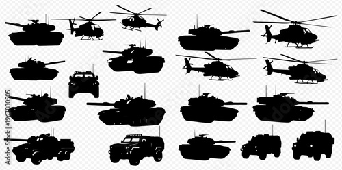 Collection of military vehicle silhouettes including tanks, helicopters, and armored cars on a transparent background.