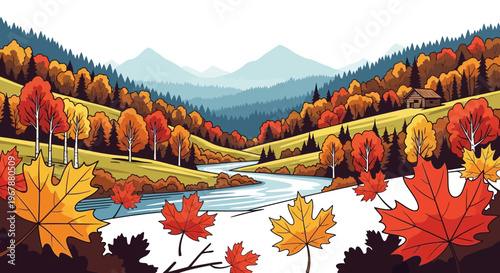 Vibrant Autumn Landscape with River, Mountains, and Maple Leaves