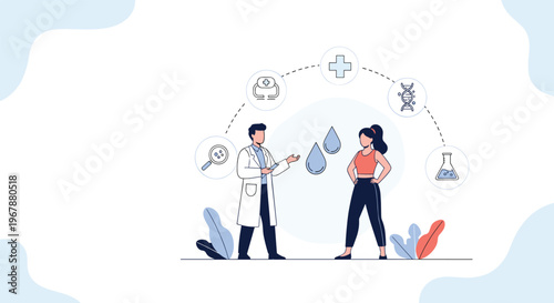Professional doctor consulting with a female patient about her health results with medical icons representing a checkup.