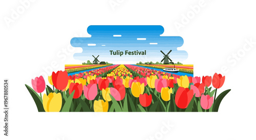 Vibrant Tulip Fields and Windmills at Festival