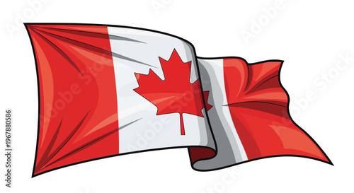 Waving Canadian Flag with Maple Leaf - Red and White