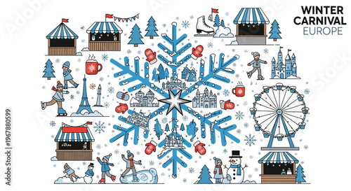 Winter Carnival Europe Snowflake Illustration: Ice Skating, Ferris Wheel, Stalls, Snowman