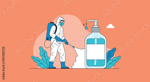 Worker in a protective hazmat suit using a spray device to disinfect a large bottle of hand sanitizer for safety.