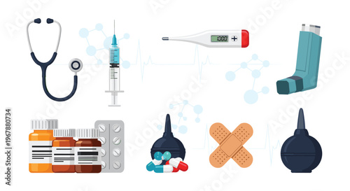 Set of various medical tools and healthcare equipment including stethoscope syringe thermometer inhaler and medicine bottles.