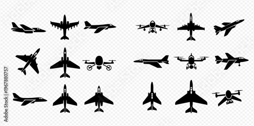 Collection of various aircraft silhouettes including jets, planes, and drones, isolated on a transparent background.