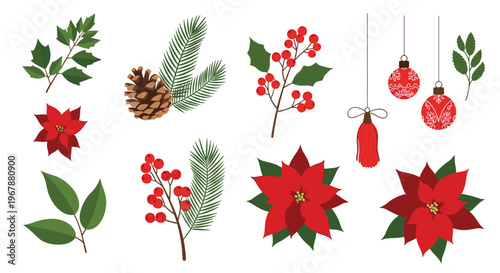 Set of traditional Christmas elements including red poinsettia flowers holly leaves pine cones berries and hanging ornaments.