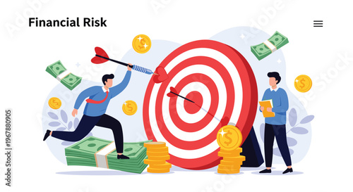 Businessmen aiming darts at a giant target surrounded by money and coins to represent financial risk and goal achievement.