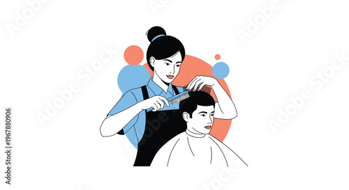 Professional female barber wearing a black apron carefully cutting a young mans hair in a modern salon environment.
