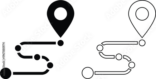 Vector icon set of map pin marker with winding route path in solid black silhouette and line outline styles isolated on white background for travel destination and GPS navigation concept.