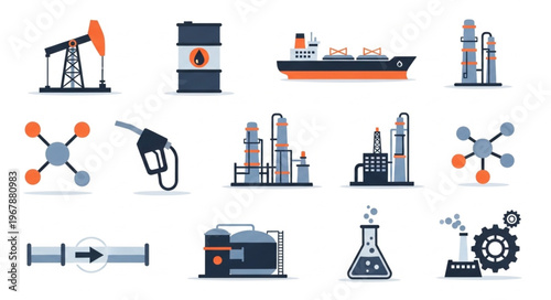 Oil and Gas Industry Icons - Extraction, Transportation, and Processing.