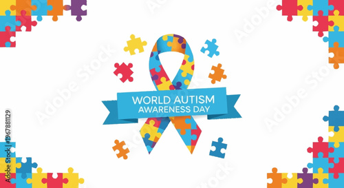 Vibrant puzzle ribbon design for World Autism Awareness Day, with colorful jigsaw pieces symbolizing understanding, acceptance, and support
