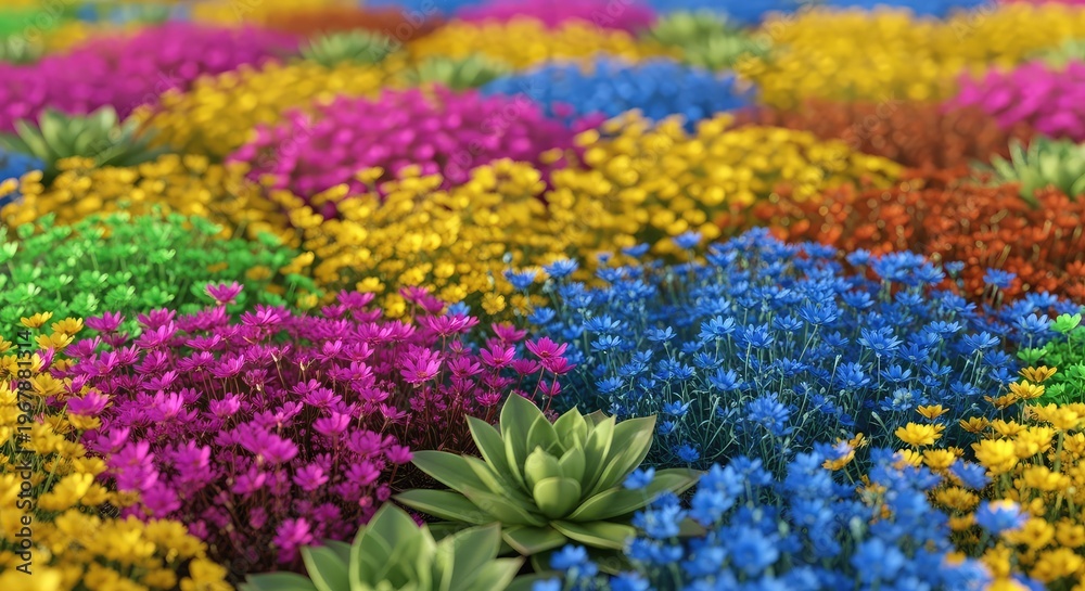 Obraz premium A sustainable rooftop garden flourishes with a dense variety of blooming wildflowers and succulents under the bright light of a midday sun, growth, daylight, rooftop garden