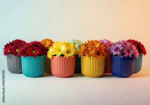 A stunning row of vibrant chrysanthemum flowers in full bloom, each nestled in a colorful ribbed ceramic pot for a cheerful spring display, ribbed, variety, purple