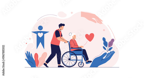 Caring volunteer pushing a senior woman in a wheelchair with symbols of love and support in the background.