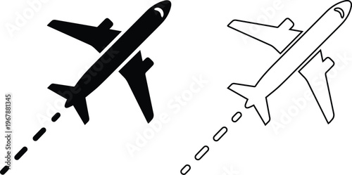 Minimalist black vector silhouette and line art icons of an airplane with a dashed flight path, representing aviation transport, global travel, and vacation tourism.