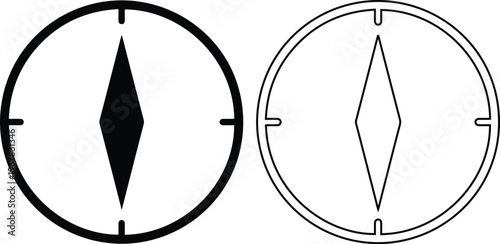 Vector icon set of compass needle in minimalist flat solid black silhouette and line outline styles isolated on white background for map navigation and travel direction concept.