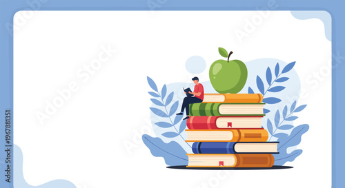 Man sitting and reading on a giant stack of colorful books with a large green apple placed on top for education.
