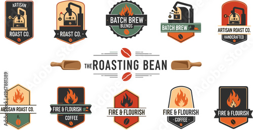Coffee Roastery Badge Collection Featuring Vintage Roasting Machine, Fire Roast Elements, Beans and Artisan Cafe Emblems Retro Vector Illustration Set