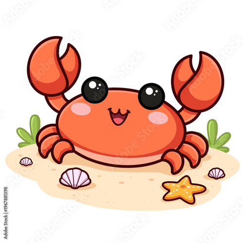 Cute Crab Cartoon Character on Beach with Shells and Starfish