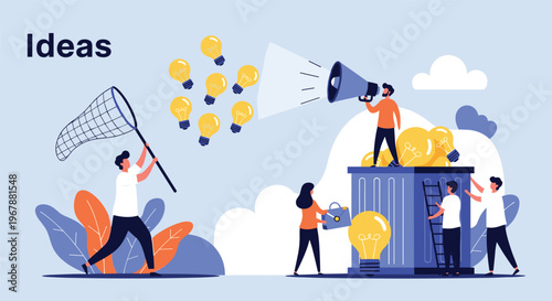 Group of creative people collaborating to generate and collect new ideas represented by glowing yellow lightbulbs.