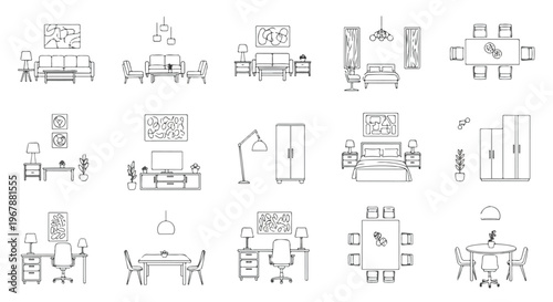 Modern interior furniture line icons, set of 15 room layout vector illustrations, minimalist home decor and office furniture outline symbols