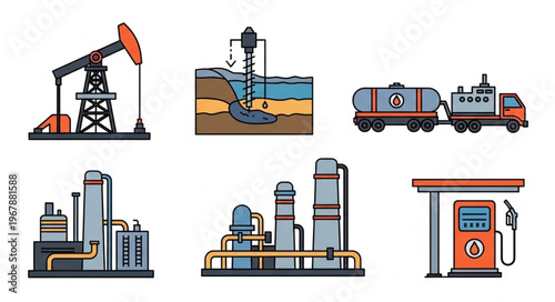 Oil and Gas Industry - Extraction, Processing, and Distribution Icons.