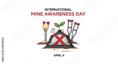 International Mine Awareness Day Vector illustration of a landmine with crutches and a sprout symbolizing hope for a mine-free world