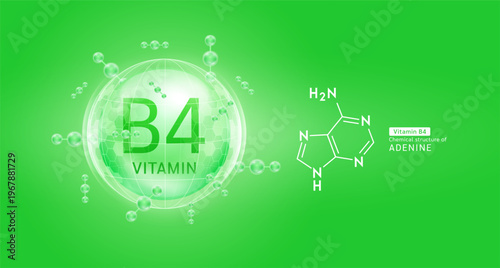 Green vitamin B4 complex solution in hexagonal dome with molecules. Chemical structure of Adenine. For cosmetic products ads or supplement. Medical health care skin protection. Vector EPS10.