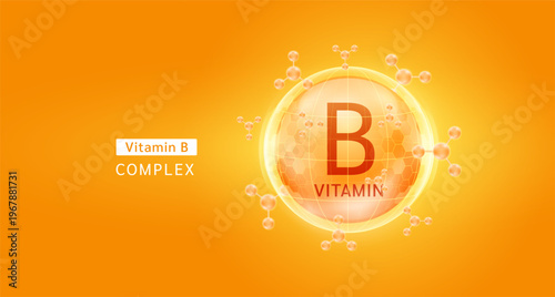 Orange vitamin B complex solution in hexagonal dome with molecules. For cosmetic products ads or supplement. Medical health care skin protection. Vector EPS10.