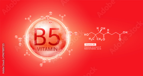 Red vitamin B5 complex solution in hexagonal dome with molecules. Chemical structure of Pantothenic acid. For cosmetic products ads or supplement. Medical health care skin protection. Vector EPS10.