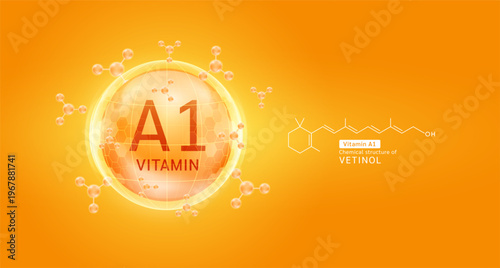 Orange vitamin A1 complex solution in hexagonal dome with molecules. Chemical structure of Vetinol. For cosmetic products ads or supplement. Medical health care skin protection. Vector EPS10.
