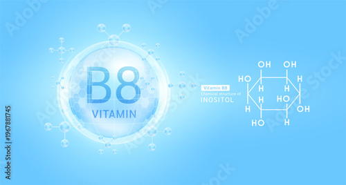Blue vitamin B8 complex solution in hexagonal dome with molecules. Chemical structure of Inositol. For cosmetic products ads or supplement. Medical health care skin protection. Vector EPS10.
