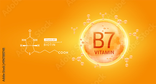 Orange vitamin B7 complex solution in hexagonal dome with molecules. Chemical structure of Biotin. For cosmetic products ads or supplement. Medical health care skin protection. Vector EPS10.