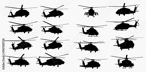 Collection of military helicopter silhouettes in various views, showcasing different angles of the aircraft.